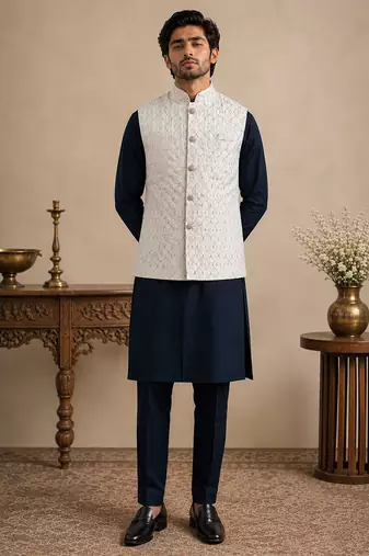 Men's silk blue embroidery kurta-jacket-set