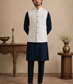 Men's silk blue embroidery kurta-jacket-set