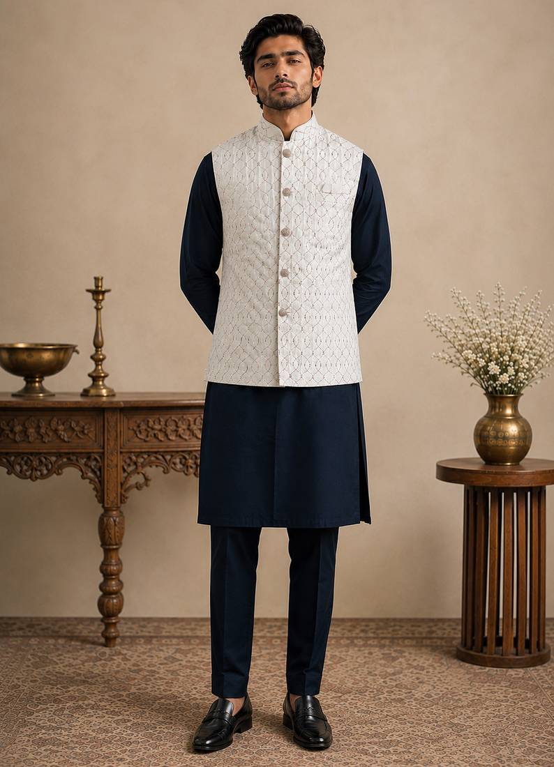 Men's silk blue embroidery kurta-jacket-set
