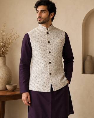 Men's silk maroon embroidery kurta-jacket-set 2