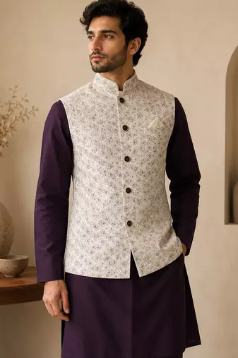 Men's silk maroon embroidery kurta-jacket-set