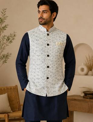 Men's silk blue embroidery kurta-jacket-set 2