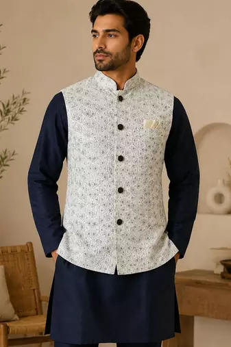 Men's silk blue embroidery kurta-jacket-set