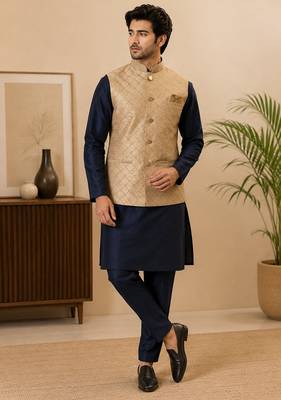 Men's silk blue embroidery kurta-jacket-set 1