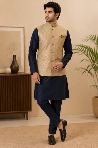 Men's silk blue embroidery kurta-jacket-set
