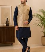 Men's silk blue embroidery kurta-jacket-set