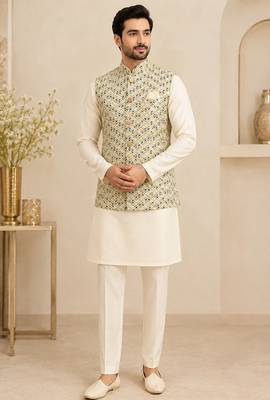 Men's silk white embroidery kurta-jacket-set 1