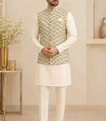 Men's silk white embroidery kurta-jacket-set