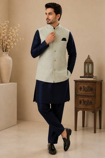 Men's silk blue embroidery kurta-jacket-set