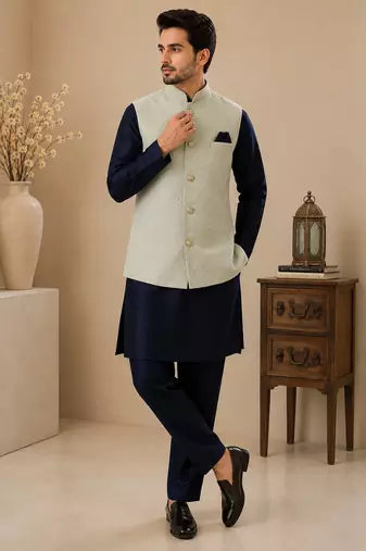 Men's silk blue embroidery kurta-jacket-set