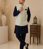 Men's silk blue embroidery kurta-jacket-set