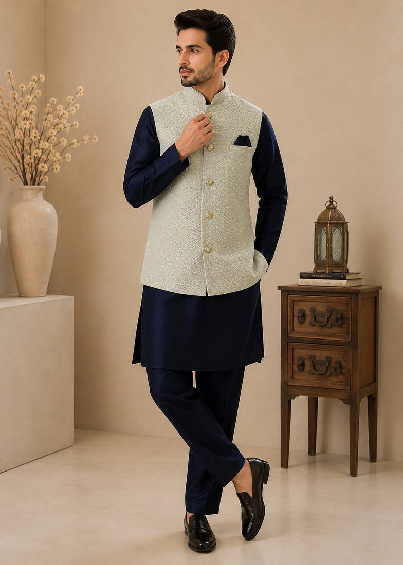 Men's silk blue embroidery kurta-jacket-set