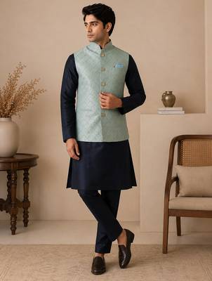 Men's silk blue embroidery kurta-jacket-set 1