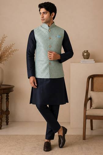 Men's silk blue embroidery kurta-jacket-set