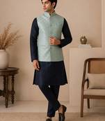 Men's silk blue embroidery kurta-jacket-set