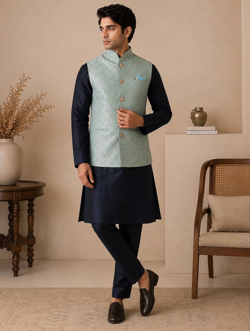 Men's silk blue embroidery kurta-jacket-set
