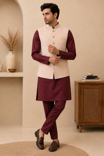 Men's silk maroon embroidery kurta-jacket-set