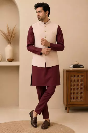 Men's silk maroon embroidery kurta-jacket-set