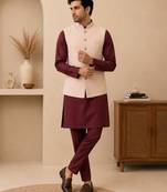 Men's silk maroon embroidery kurta-jacket-set