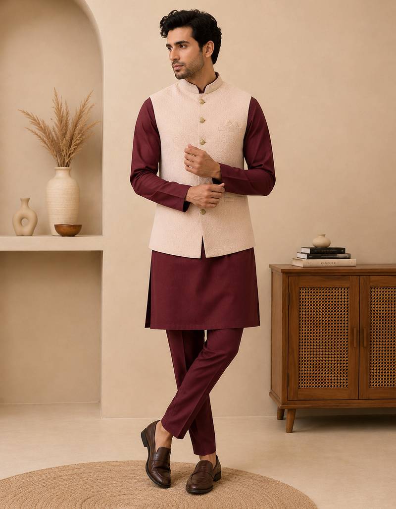 Men's silk maroon embroidery kurta-jacket-set