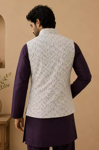 Men's silk maroon embroidery kurta-jacket-set