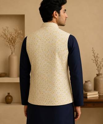 Men's silk blue embroidery kurta-jacket-set 2