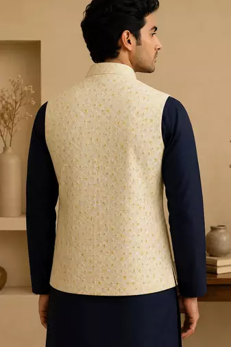 Men's silk blue embroidery kurta-jacket-set