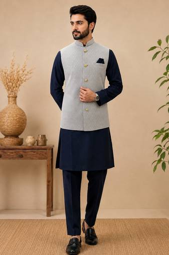Men's silk blue embroidery kurta-jacket-set