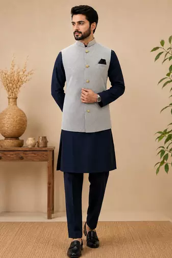 Men's silk blue embroidery kurta-jacket-set
