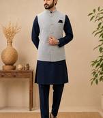 Men's silk blue embroidery kurta-jacket-set