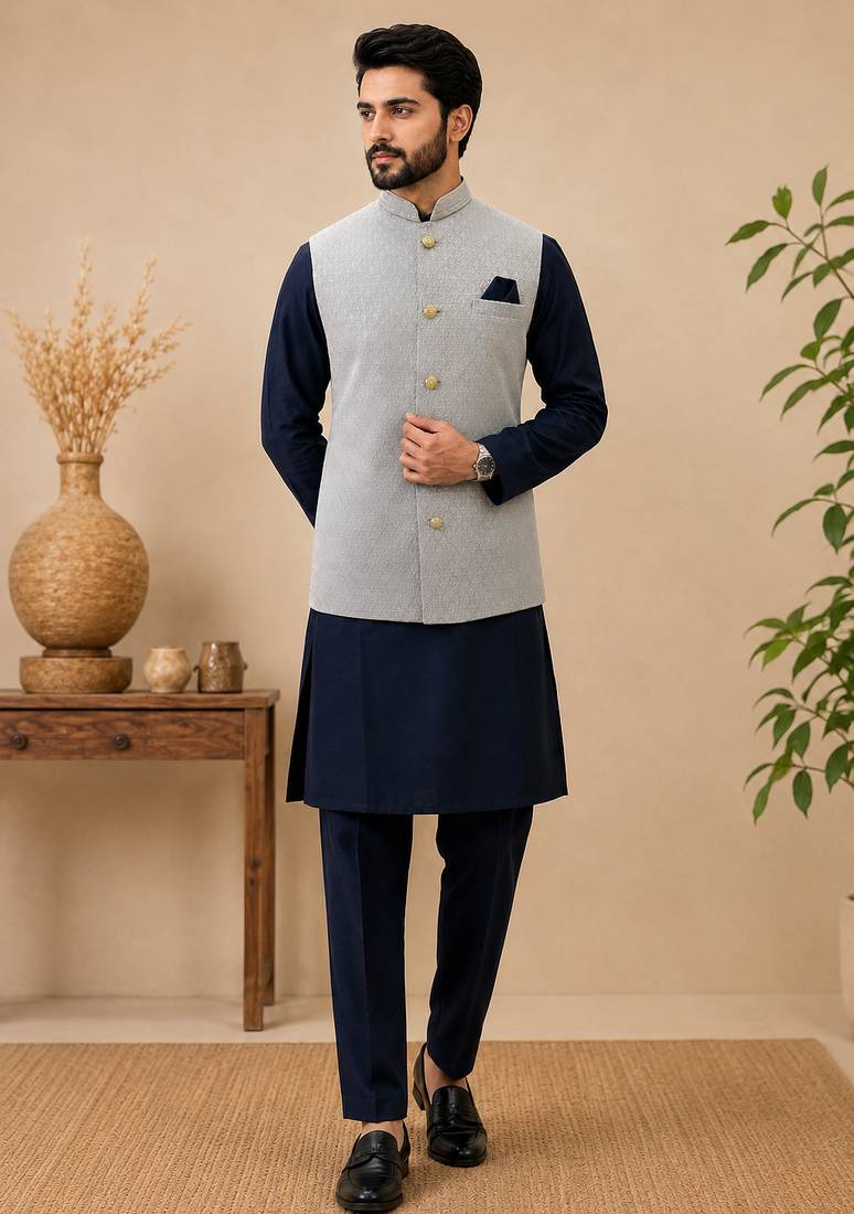 Men's silk blue embroidery kurta-jacket-set