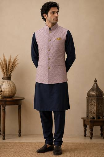 Men's silk blue embroidery kurta-jacket-set