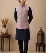 Men's silk blue embroidery kurta-jacket-set