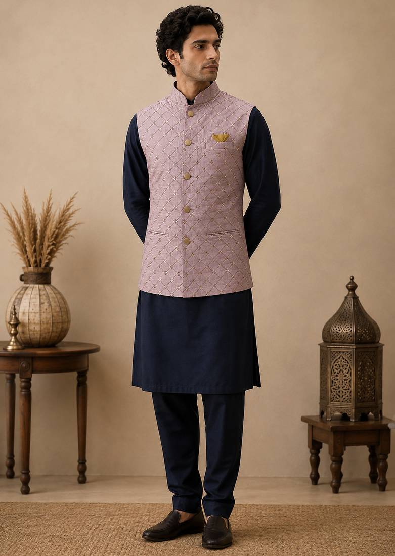 Men's silk blue embroidery kurta-jacket-set