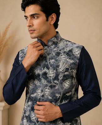 Men's silk blue embroidery kurta-jacket-set 2
