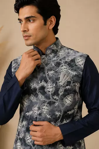 Men's silk blue embroidery kurta-jacket-set