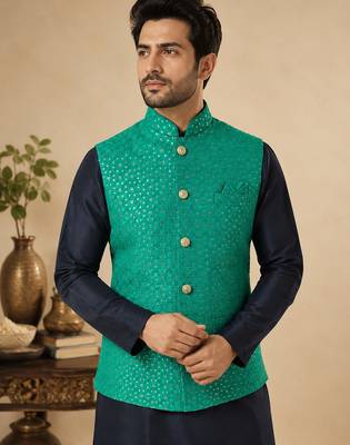 Men's silk blue embroidery kurta-jacket-set 2