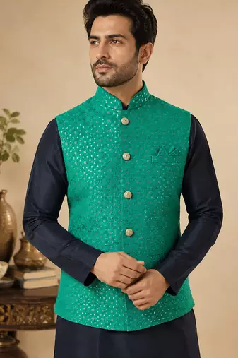 Men's silk blue embroidery kurta-jacket-set