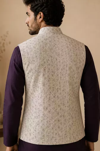 Men's silk maroon embroidery kurta-jacket-set