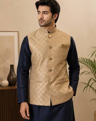 Men's silk blue embroidery kurta-jacket-set 2