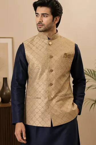 Men's silk blue embroidery kurta-jacket-set
