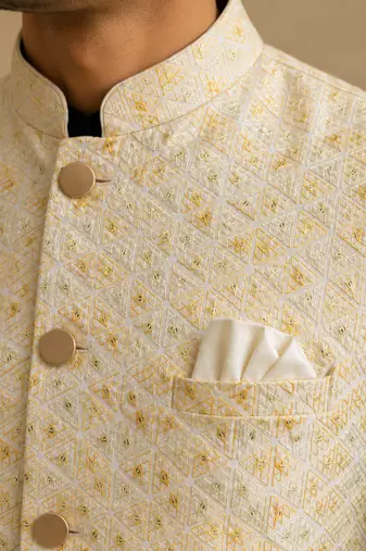 Men's silk blue embroidery kurta-jacket-set