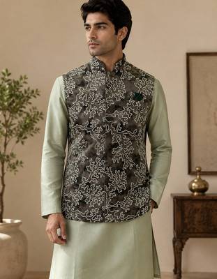 Men's silk green embroidery kurta-jacket-set 2