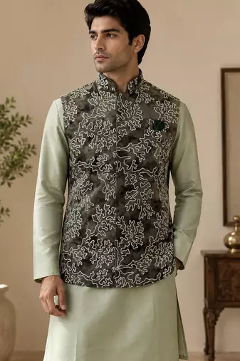 Men's silk green embroidery kurta-jacket-set