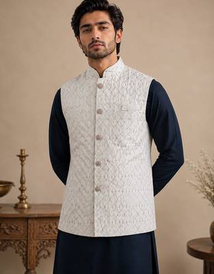 Men's silk blue embroidery kurta-jacket-set 2