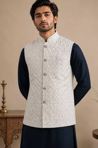 Men's silk blue embroidery kurta-jacket-set