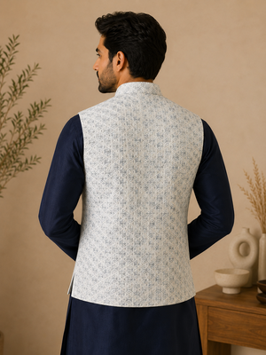 Men's silk blue embroidery kurta-jacket-set 3