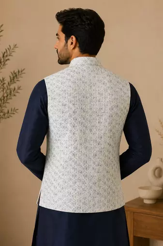 Men's silk blue embroidery kurta-jacket-set