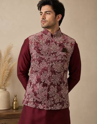 Men's silk maroon embroidery kurta-jacket-set 2