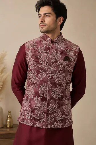 Men's silk maroon embroidery kurta-jacket-set